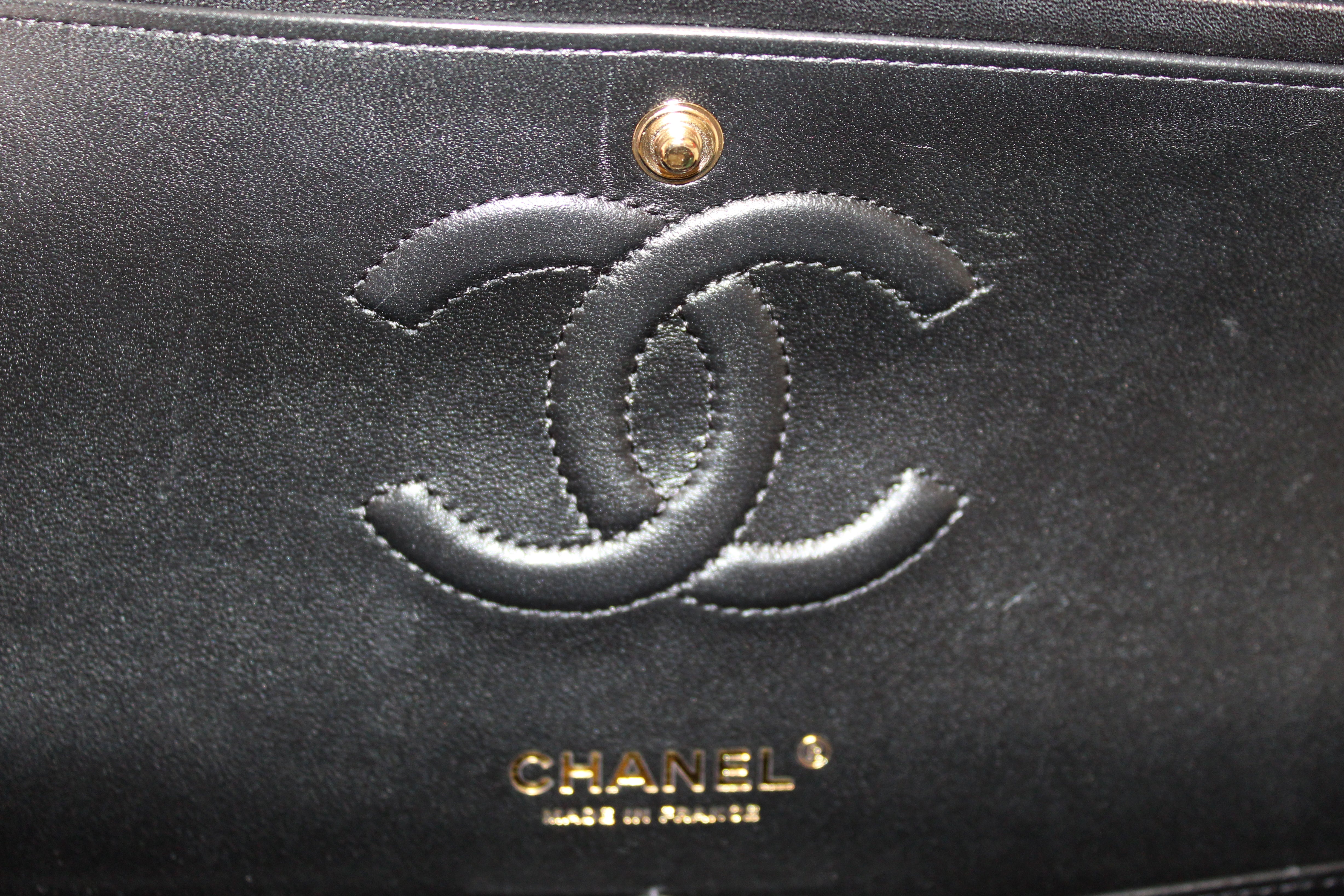 Authentic Chanel Classic Black Quilted Lambskin Leather Classic Medium Double Flap Bag