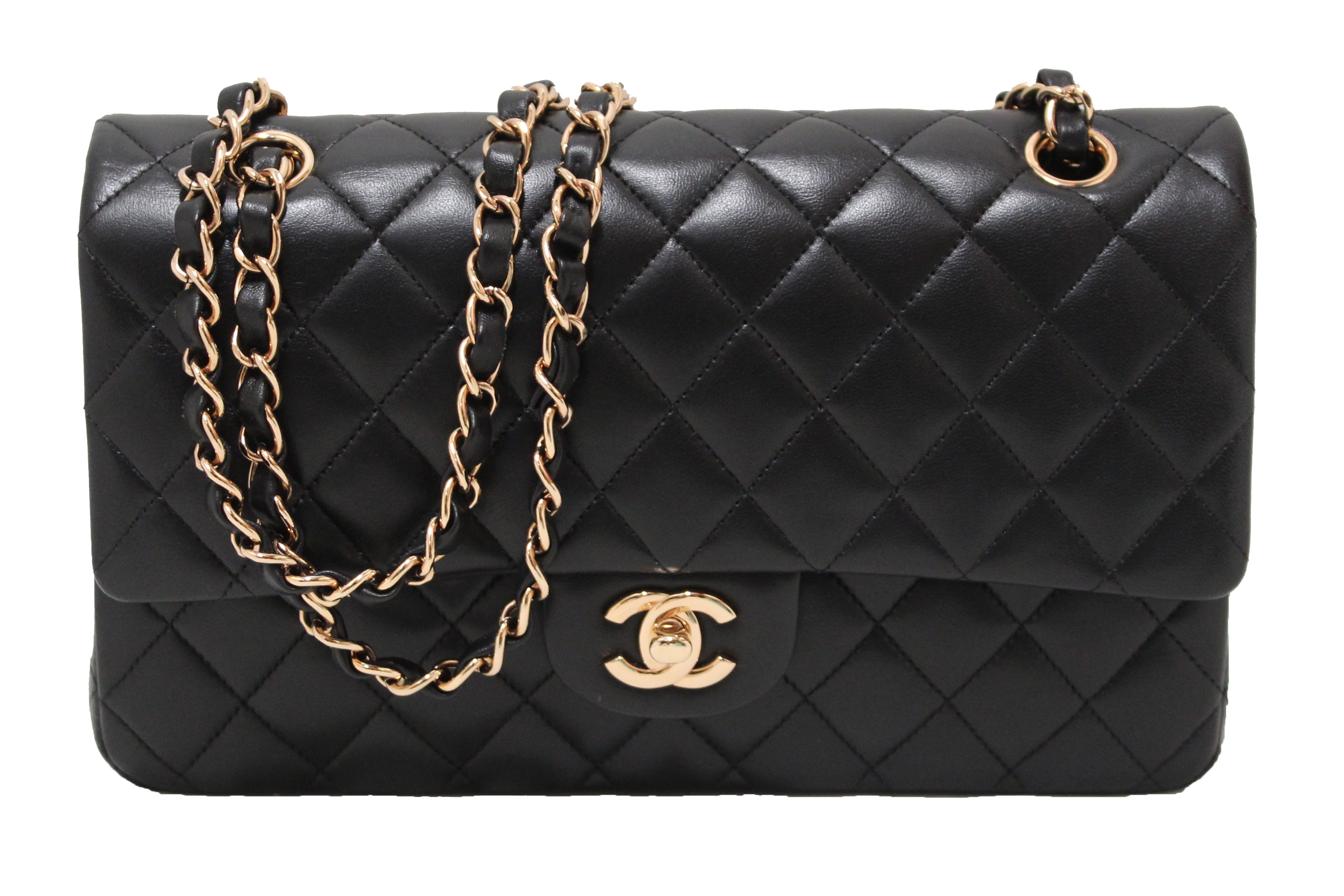Authentic Chanel Classic Black Quilted Lambskin Leather Classic Medium ...