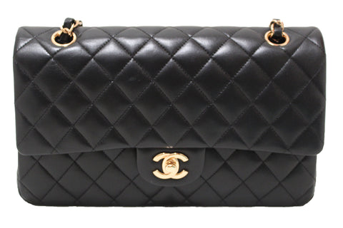 Authentic Chanel Classic Black Quilted Lambskin Leather Classic Medium Double Flap Bag