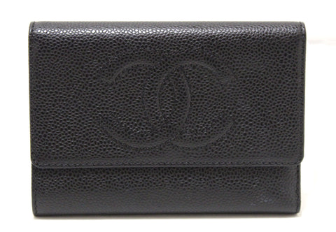 Authentic New Chanel Black Caviar Leather Classic CC Timeless Medium Trifold Wallet