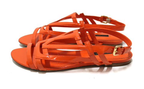 Authentic Louis Vuitton Orange Patent Crossing Flat Sandal Shoes Size 37.5