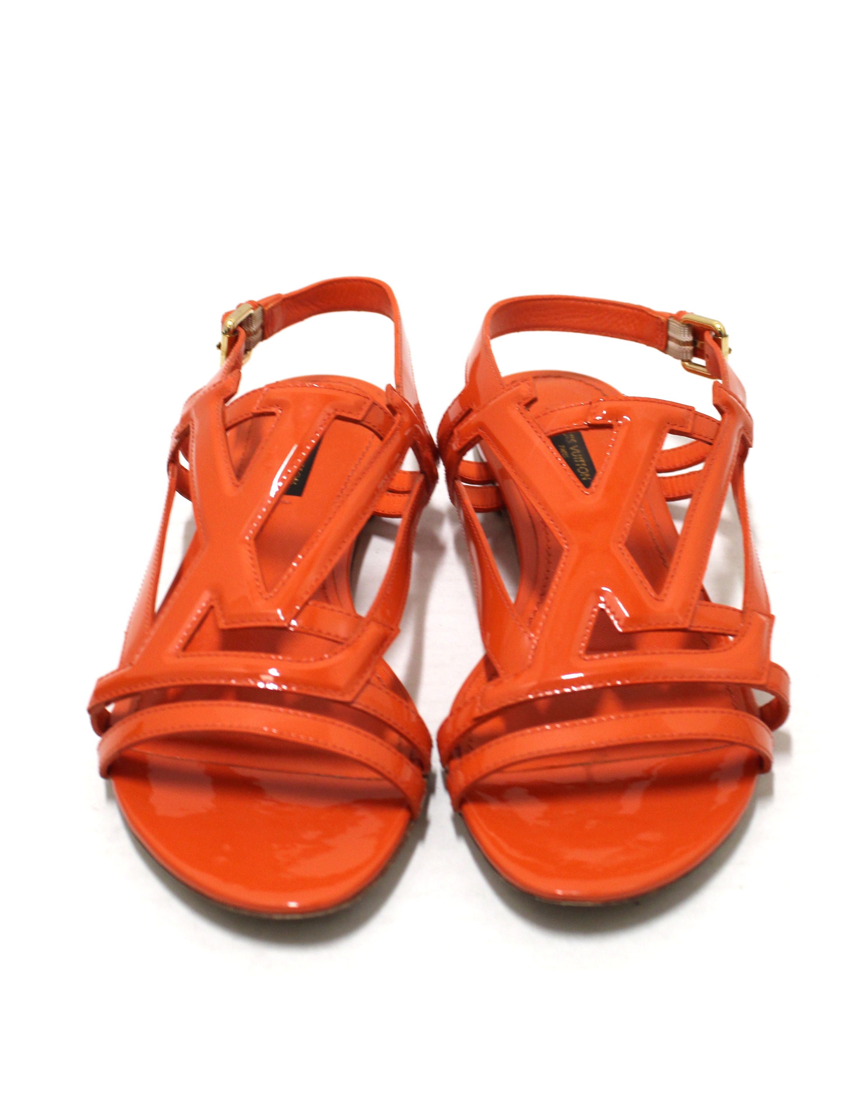 Authentic Louis Vuitton Orange Patent Crossing Flat Sandal Shoes Size 37.5