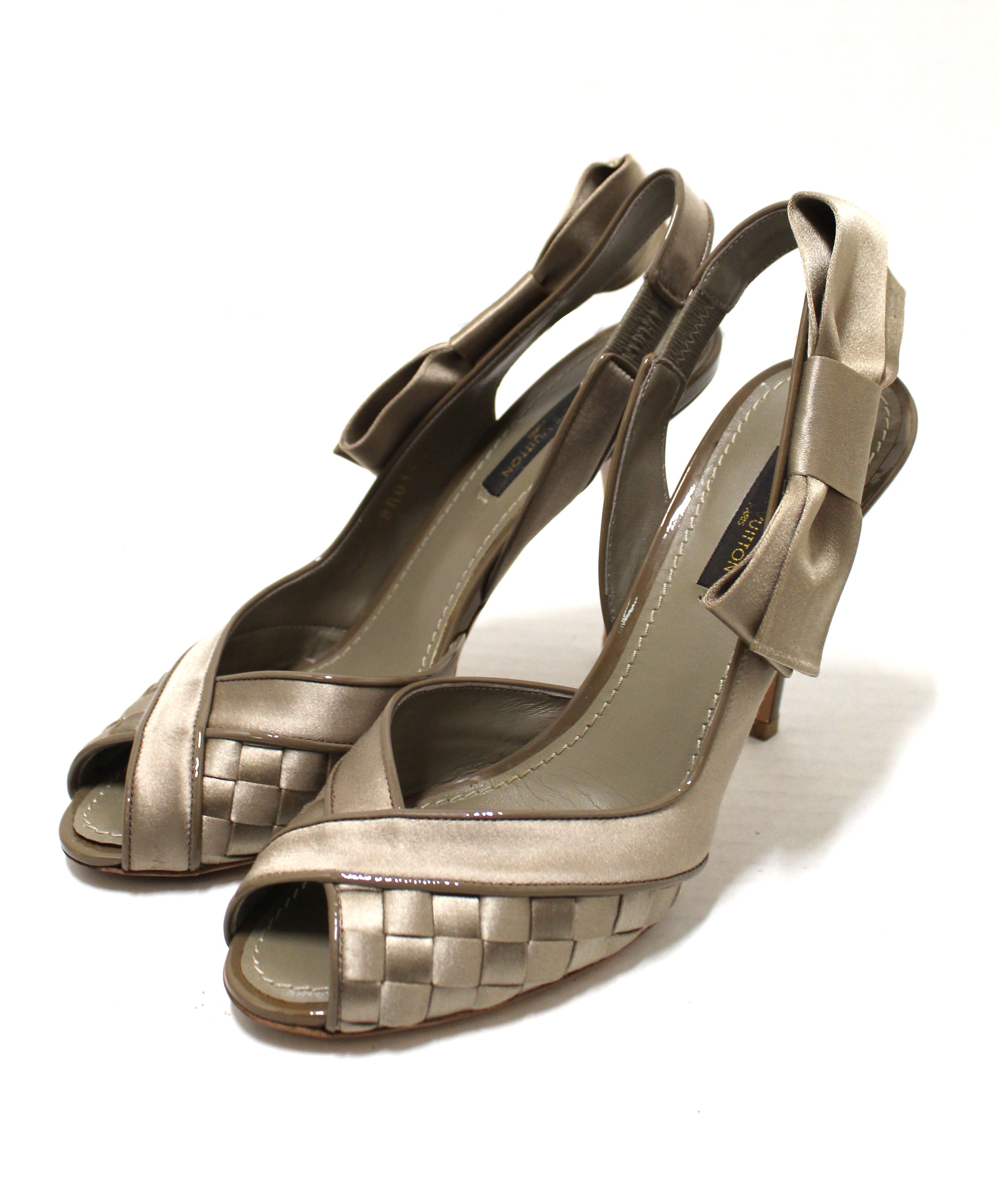 Authentic Louis Vuitton Taupe Satin Bow Woven Open Toe Pump Shoes Size 37.5