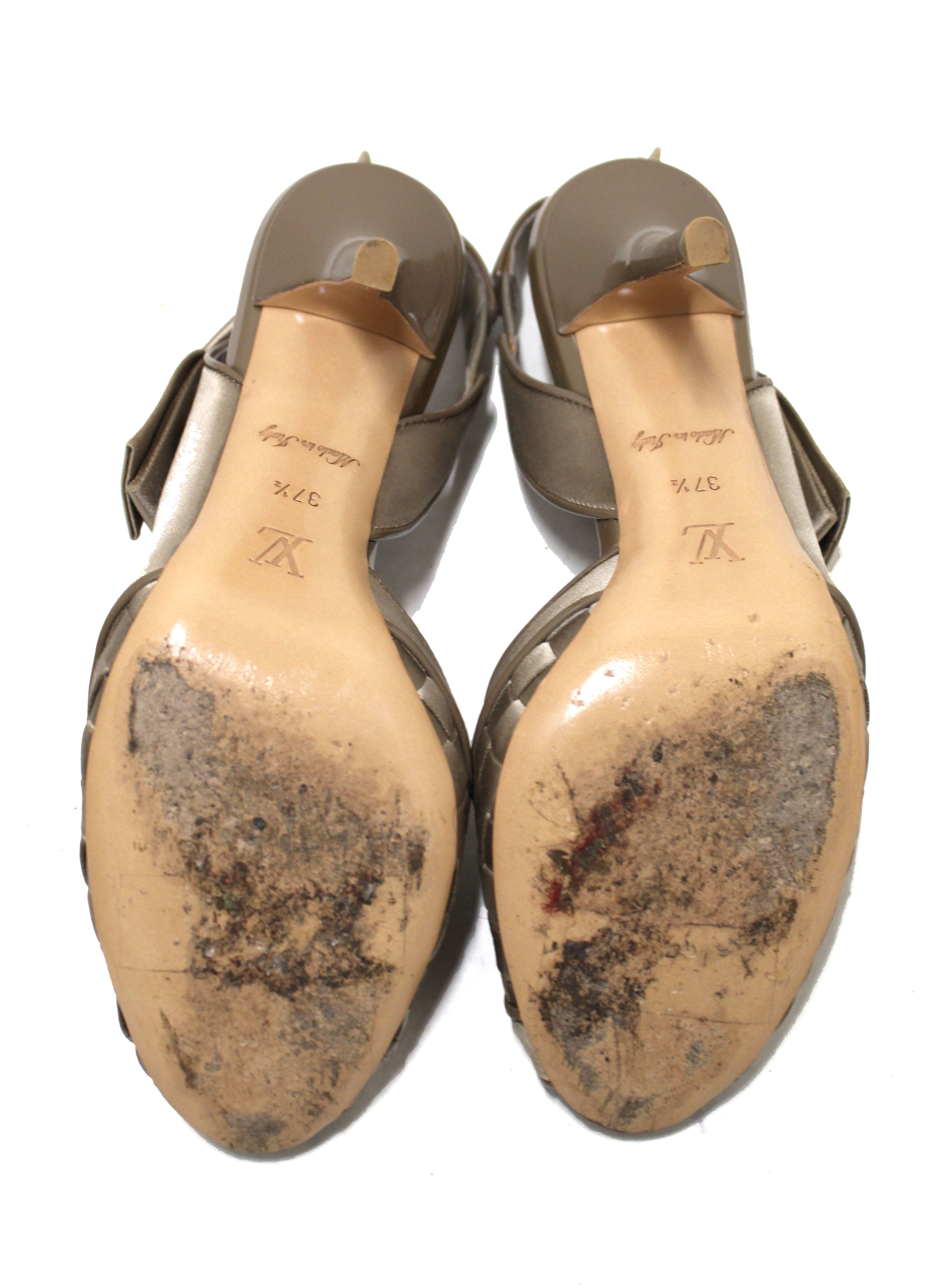 Authentic Louis Vuitton Taupe Satin Bow Woven Open Toe Pump Shoes Size 37.5