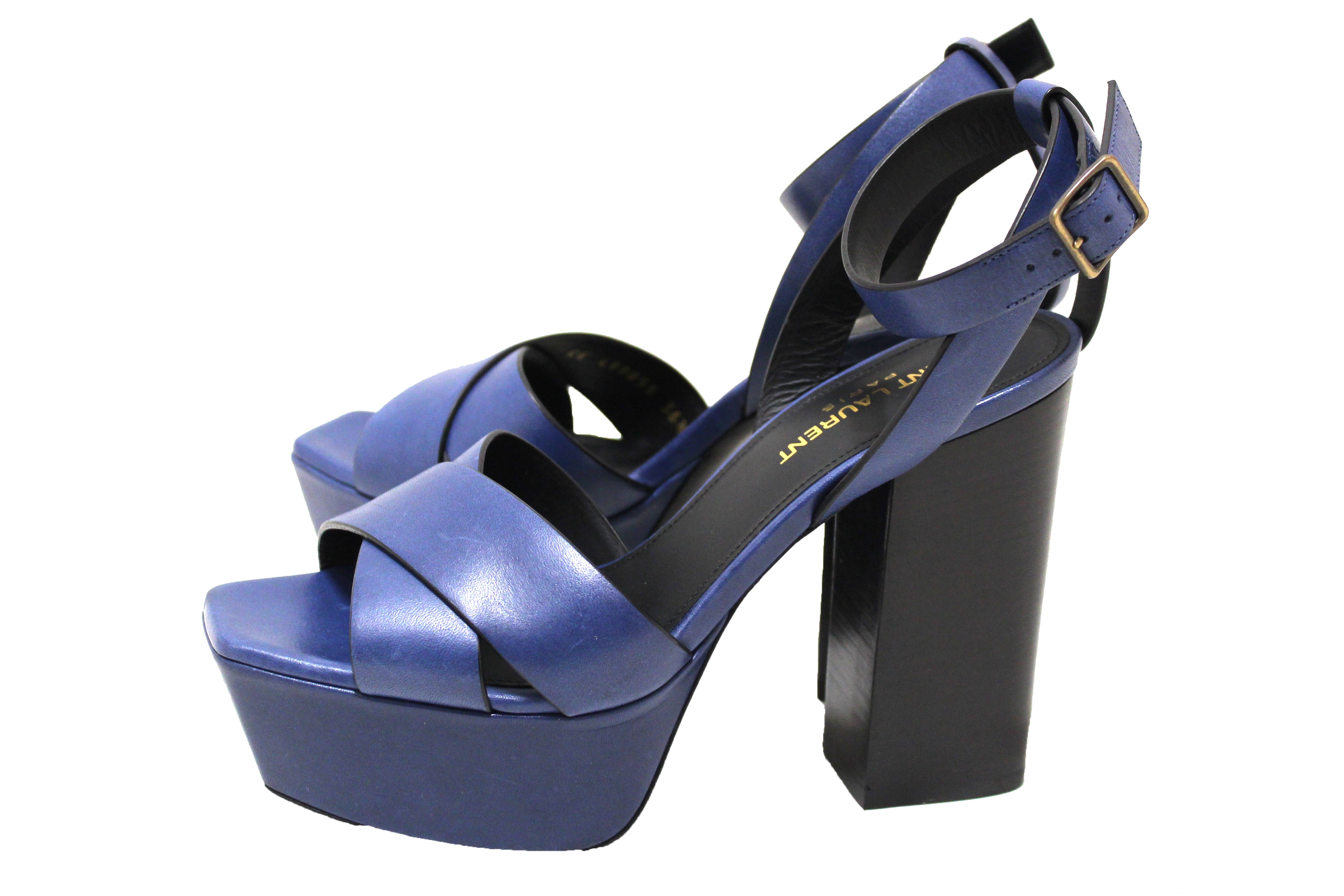 Authentic NEW Saint Laurent Blue Calfskin Leather Farrah Platform Sandals Size 36.5