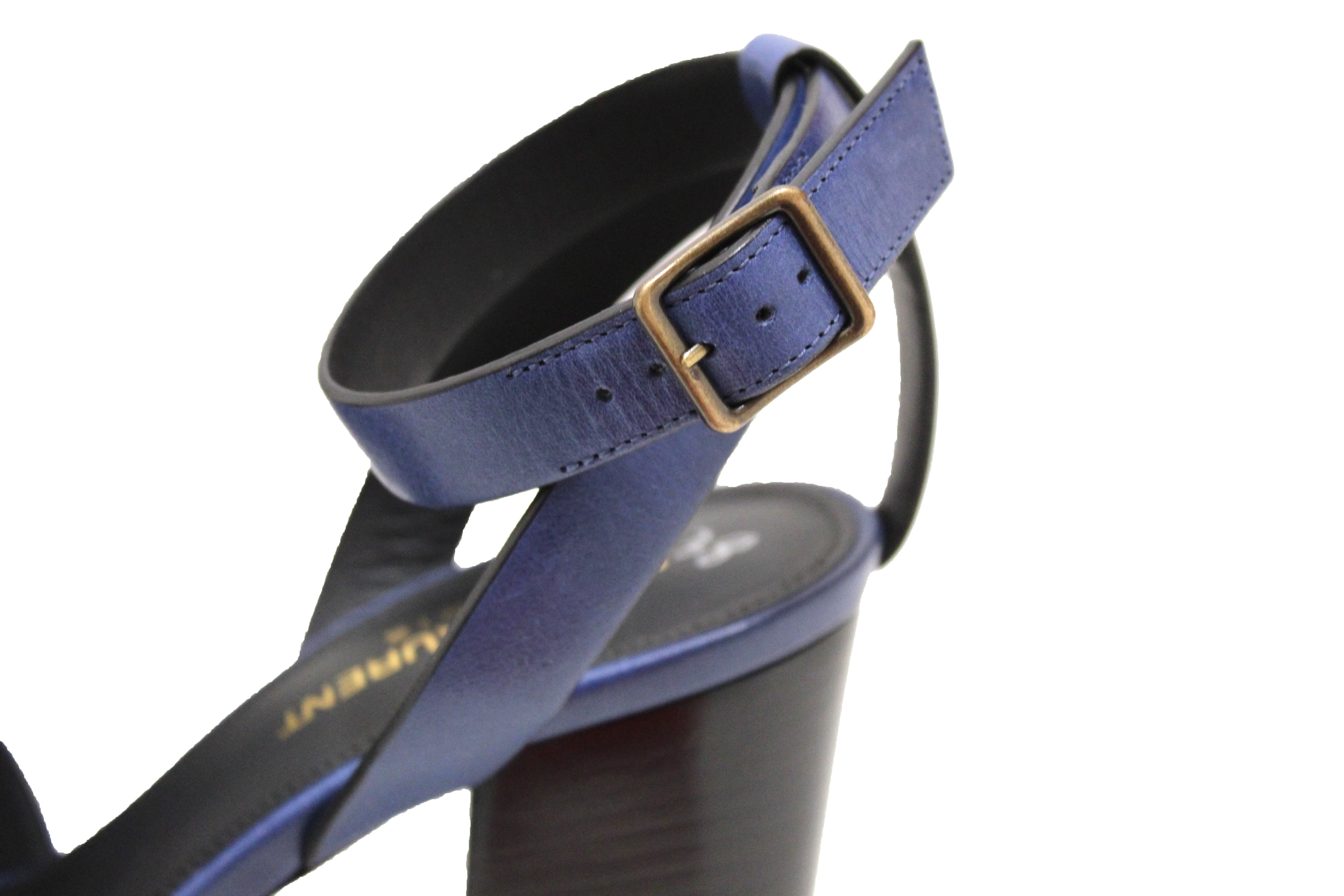 Authentic NEW Saint Laurent Blue Calfskin Leather Farrah Platform Sandals Size 36.5