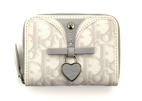 Authentic Christian Dior White Canvas Romantique Heart Zip Around Card Wallet