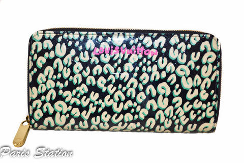 Authentic Limited Edition Louis Vuitton Teal & Beige Vernis Leopard Zippy Wallet