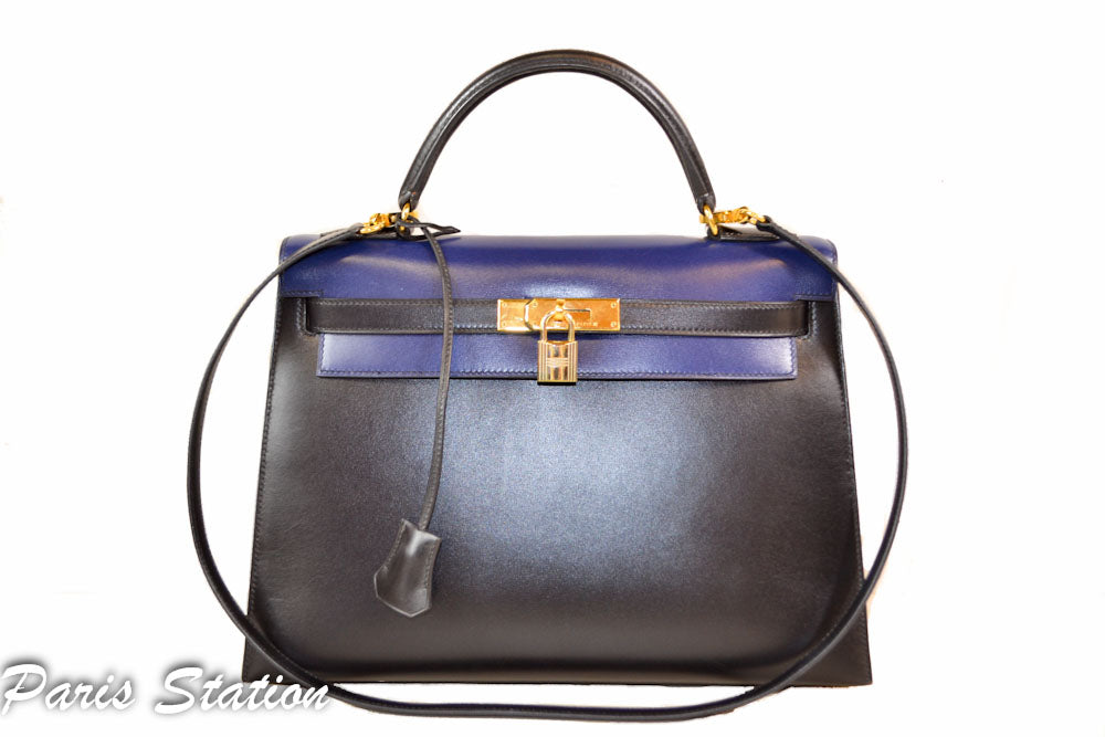 Authentic Hermes Blue/Black Kelly Sellier 32 Bi-Color Handbag
