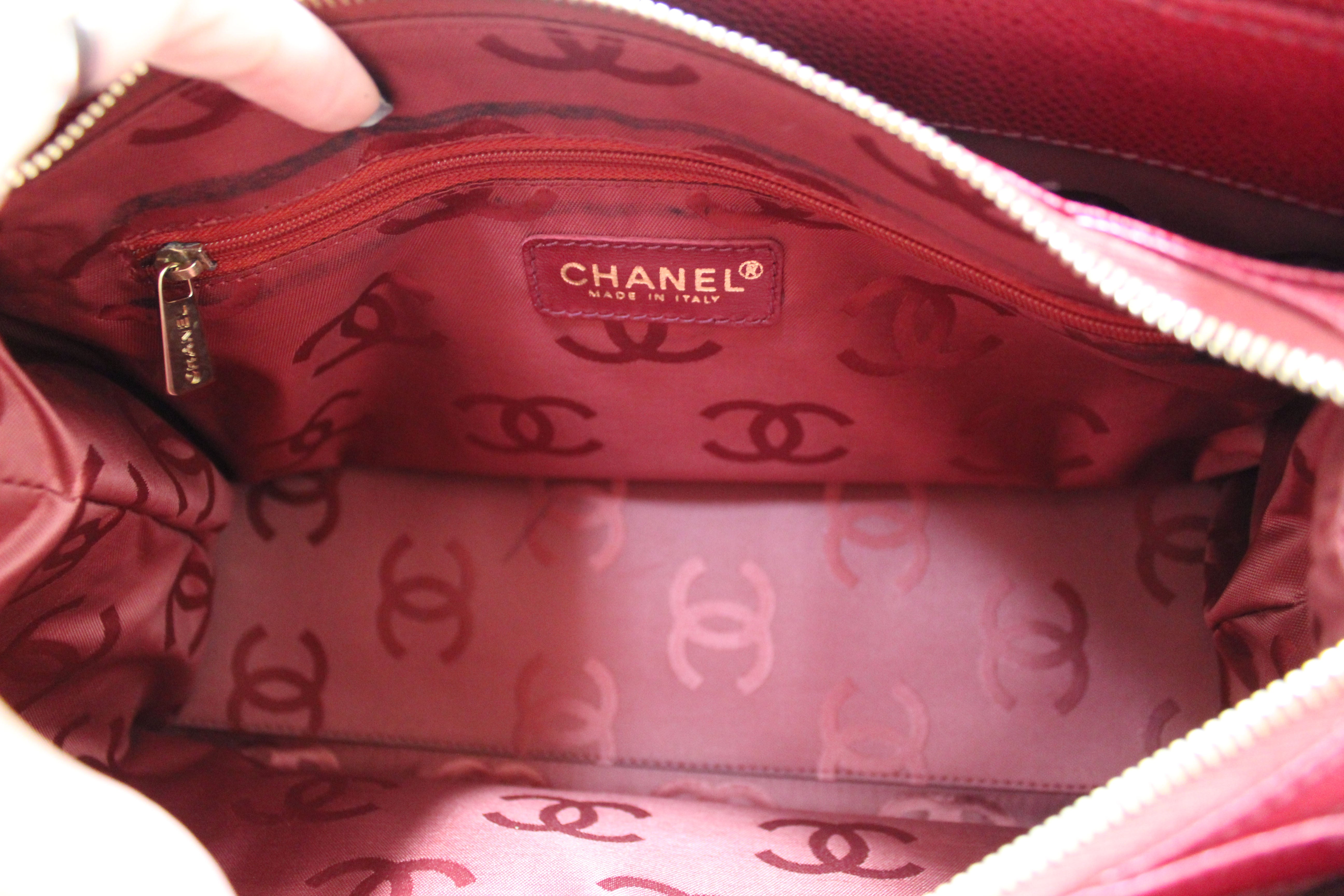 Authentic Chanel Vintage Deep Red Caviar Leather Small Tote Shoulder Bag