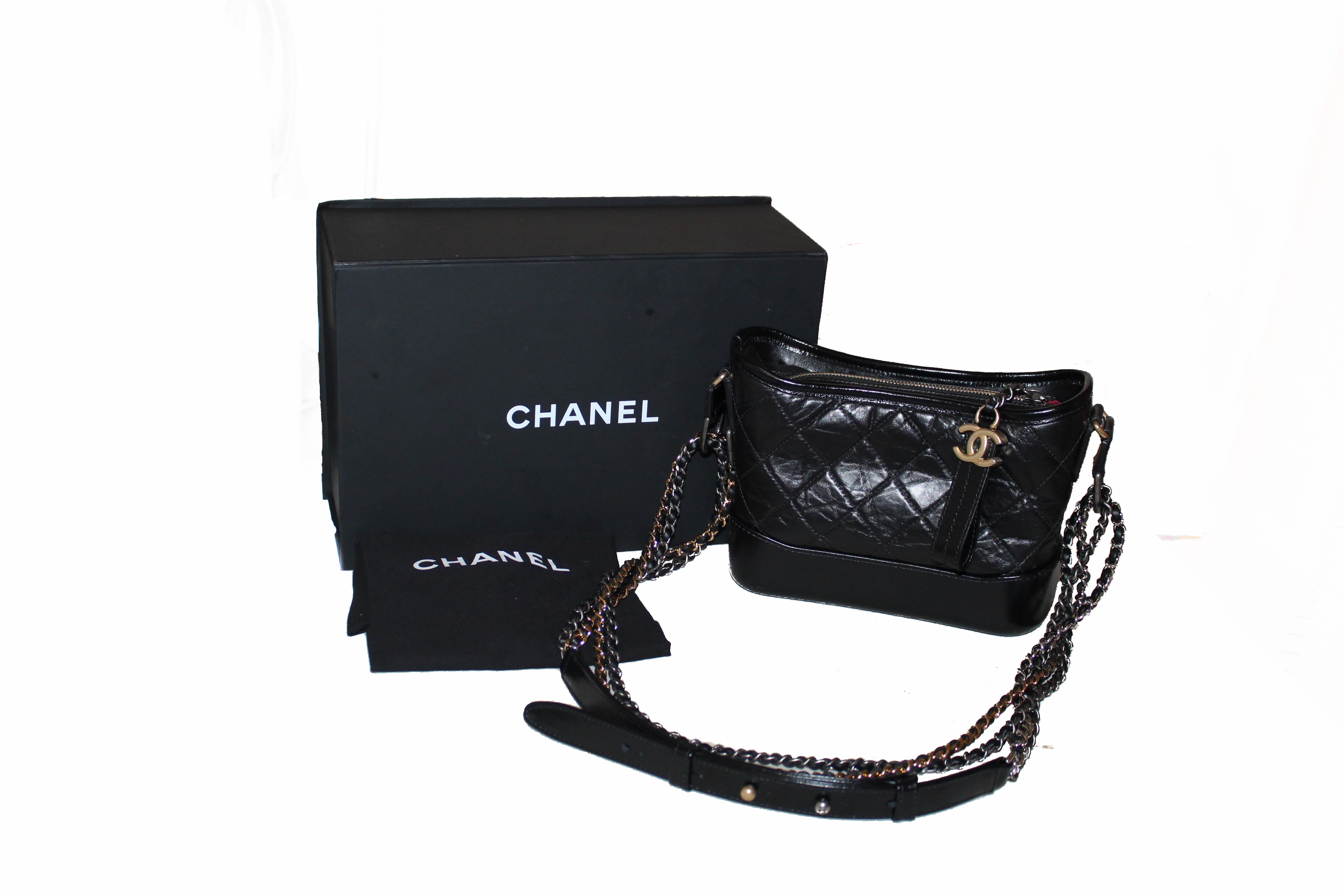 Authentic Chanel Gabrielle Black Calfskin Leather Small Hobo Shoulder Bag