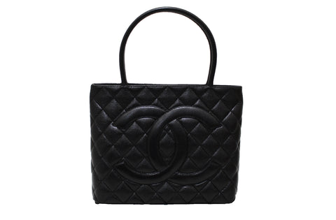 Authentic Chanel Black Quilted Caviar Leather Medallion Tote Bag