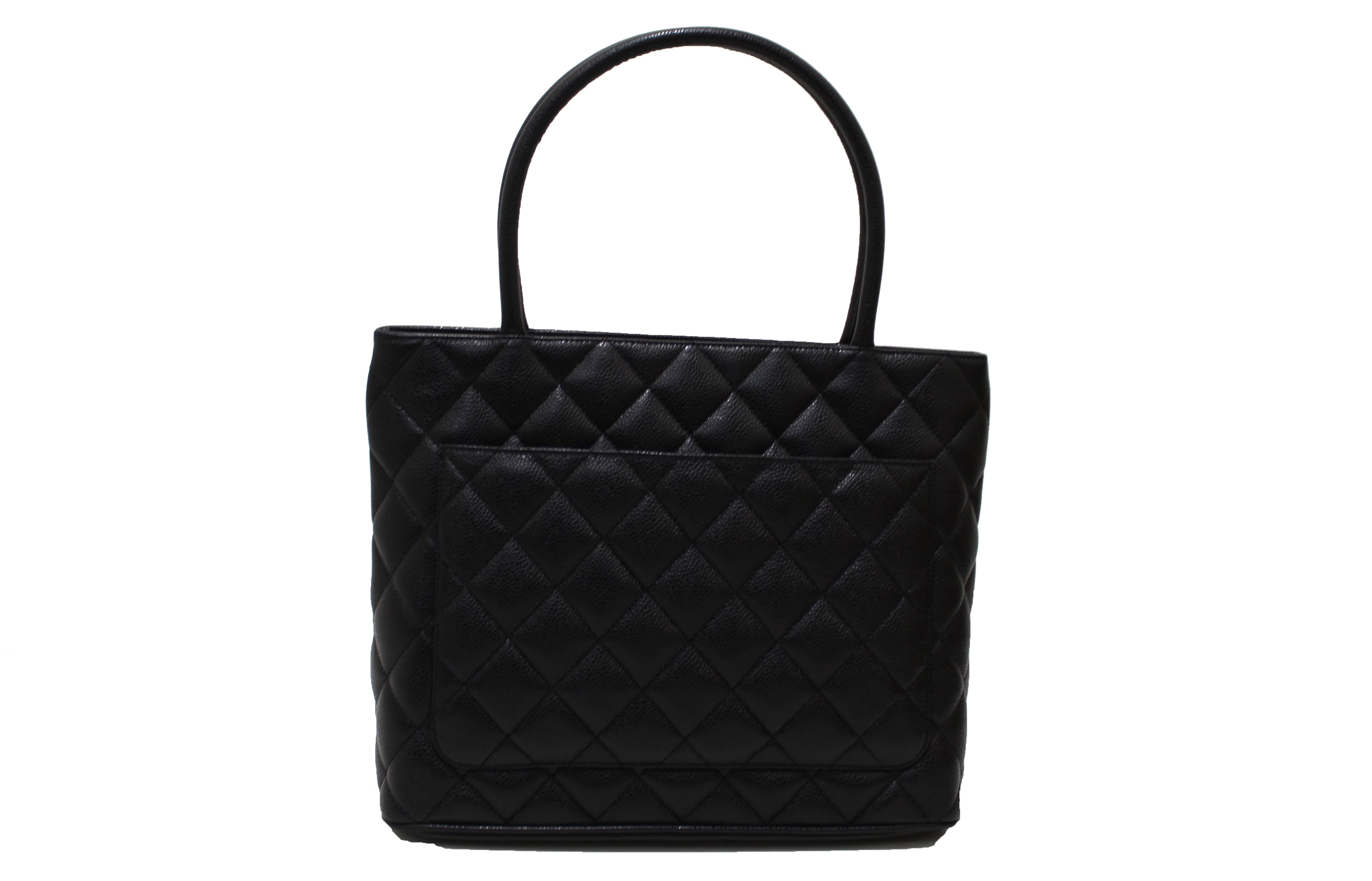 Authentic Chanel Black Quilted Caviar Leather Medallion Tote Bag